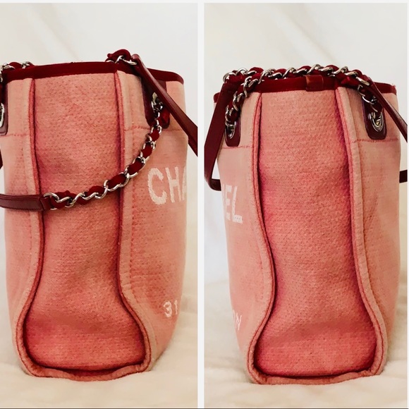 Auth CHANEL Deauville Canvas Chain Lambskin Tote - Picture 4 of 12